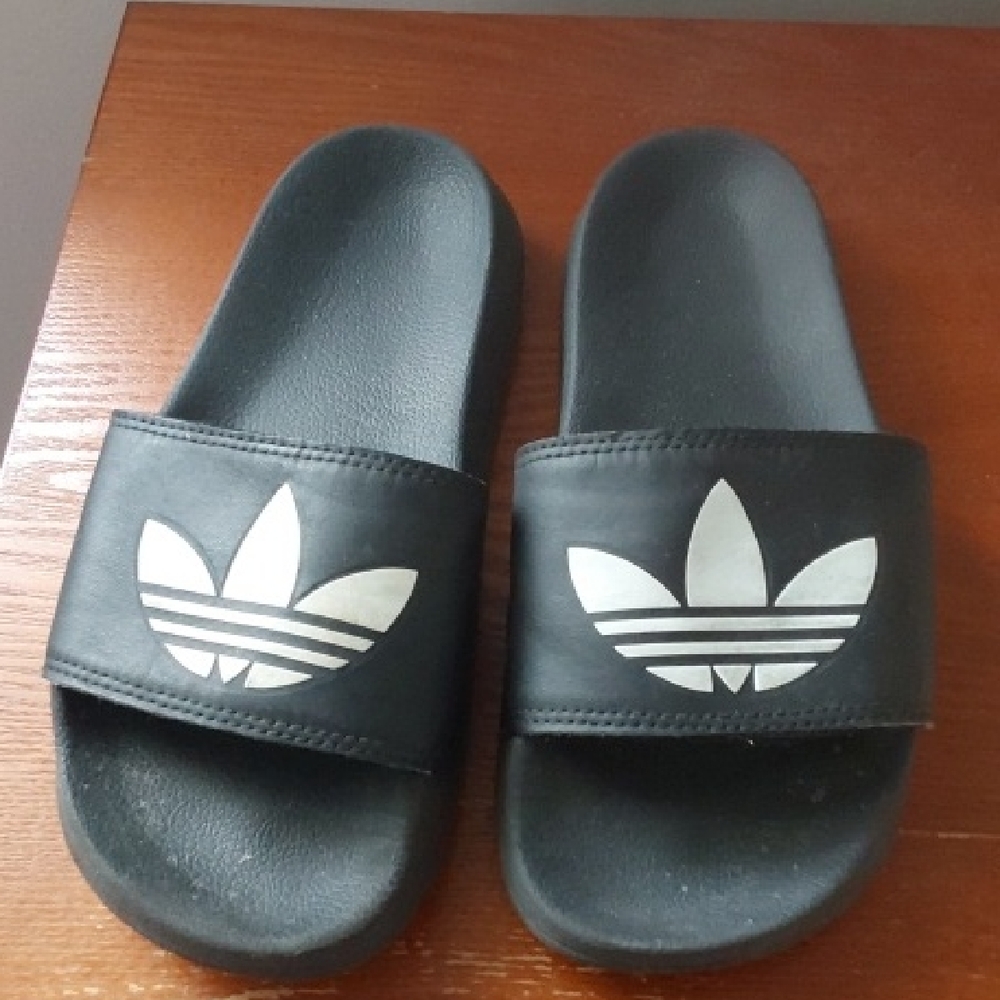 Adidas Black Slides with Silver Trefoil